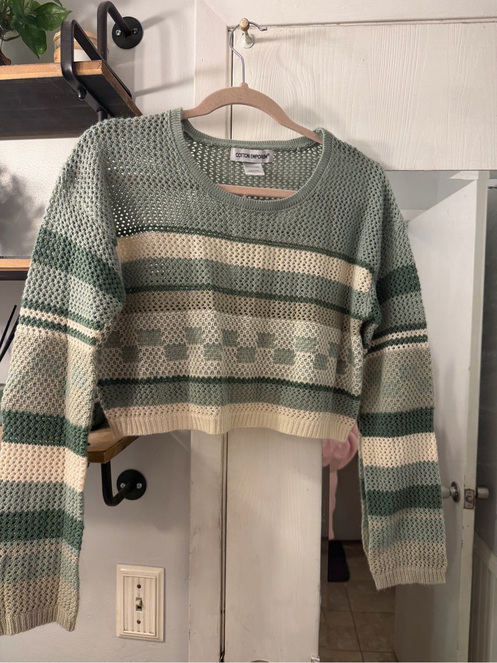 Cotton Emporium Sage & Cream Striped Open-Weave Cropped Sweater